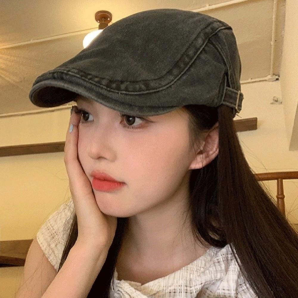 Fashion Cotton Washed Denim Newsboy Caps Adjustable British Style Peaked Cap Forward Hat Solid Color Painter Beret Summer
