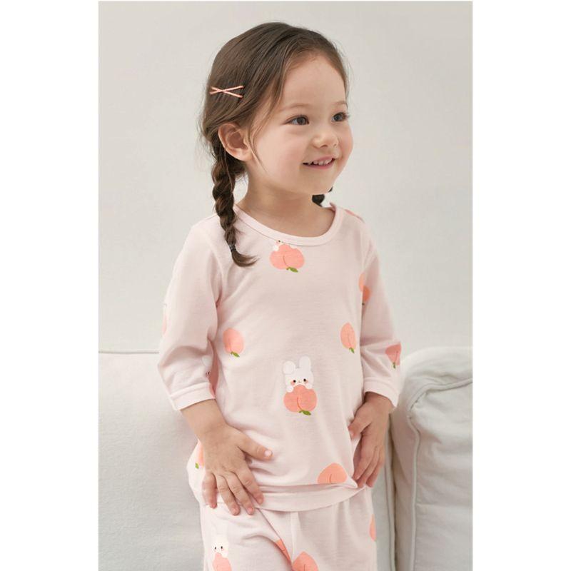 Korean Kids Cool Rayon Pajama Set Summer Breathable Soft Sleepwear Peach Bunny 7/10 Sleeve Children Underwear 2pcs
