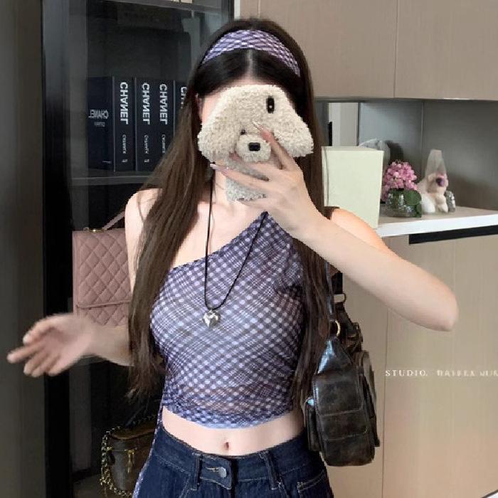 

Spring 2025 Retro One-Shoulder Plaid Camisole for Women Large (L)