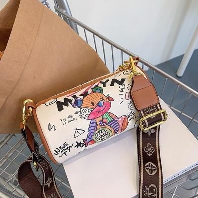 Kleines Design-Tasche - Bären-Graffiti Zylindrische Unterarm-Tasche, Modische Umhängetasche mit breitem Riemen