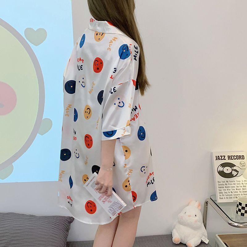 Ice Silk Sleeping Dress Women's Summer Short Sleeve Thin Cartoon Smiling Face Loose Size Sexy Shirt Sleeping Dress