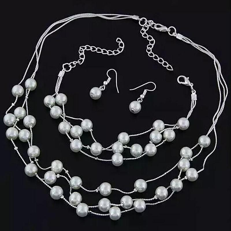 Fashion Pearls Silver Plated Necklace Earrings Bracelet Set Wedding Jewelry Sets серебряный