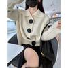 Herbst und Winter Damen Langarm Loose Fashion Großknopf Revers Strickjacke Jacke Pullover