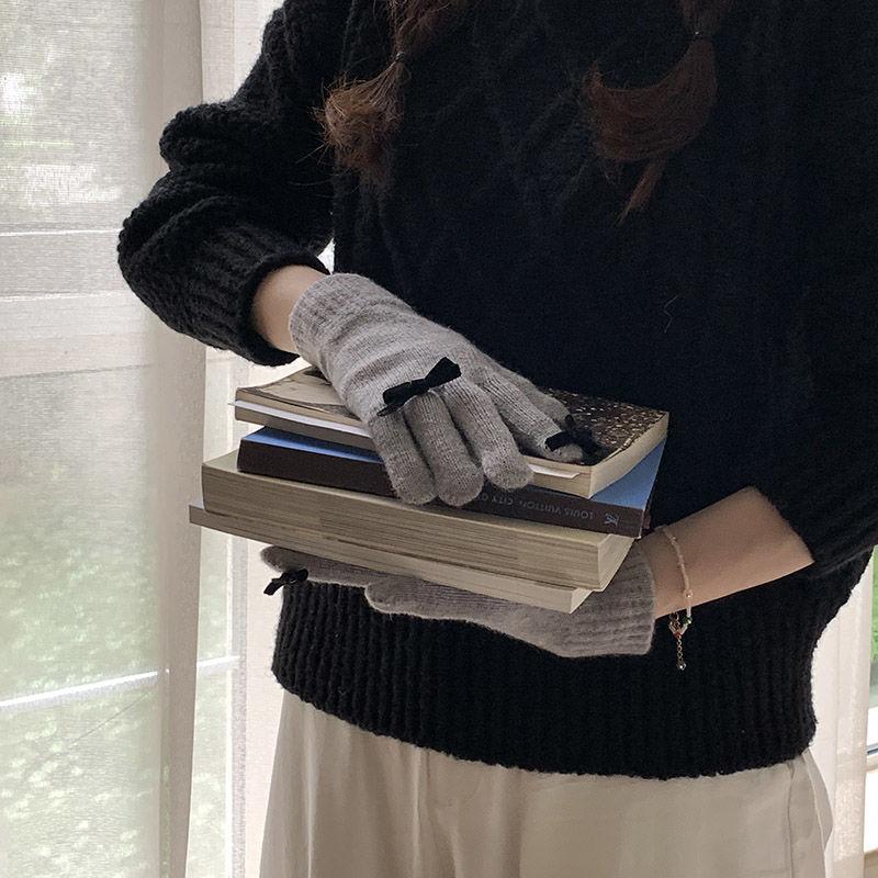 Student Girl Wool Warm Glove Korean Fashion Bow Tie Solid Color Children Glove Autumn Winter Warm Cashmere Outdoor Knitted Glove