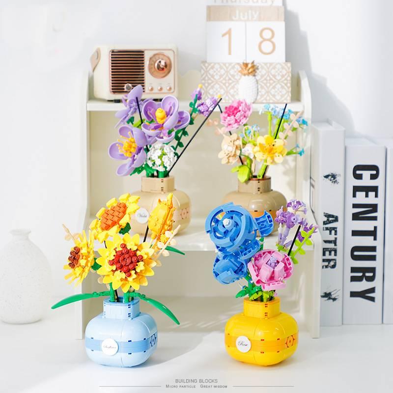 Mini Sunflower Rose Block Flower Bouquet In Vase Puzzle Toy Birthday Gift For Girls
