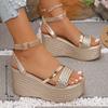 Pu Leather Weave Wedge Sandals for Women Fashion Gold Chunky Platform Sandals with Ankle Strap Summer Thick Bottom Beach Shoes