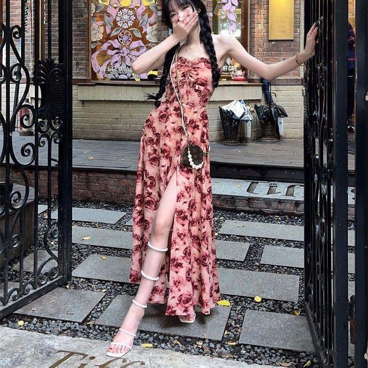 Rose Print Halter Neck Dress with Bra Pad and High Slit