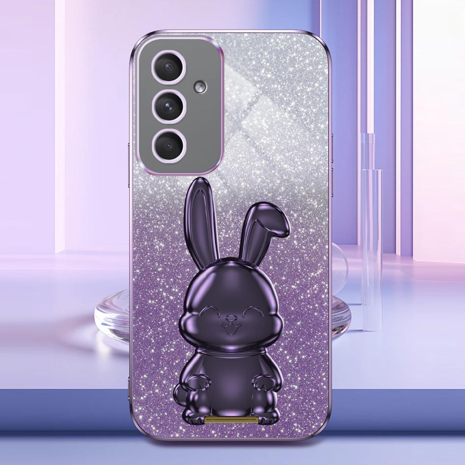 

For Samsung Galaxy A54 5G Cell Phone Case Pull-out Kickstand Cartoon Rabbit Anti-fall Cover Purple