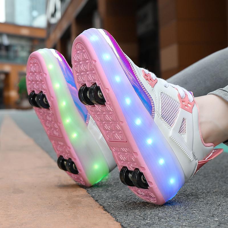 Pattini a rotelle per bambini, rimovibili, piatti, ricaricabili, LED, quattro ruote, scarpe sportive luminose, rosa, scarpe da ginnastica luminose da donna