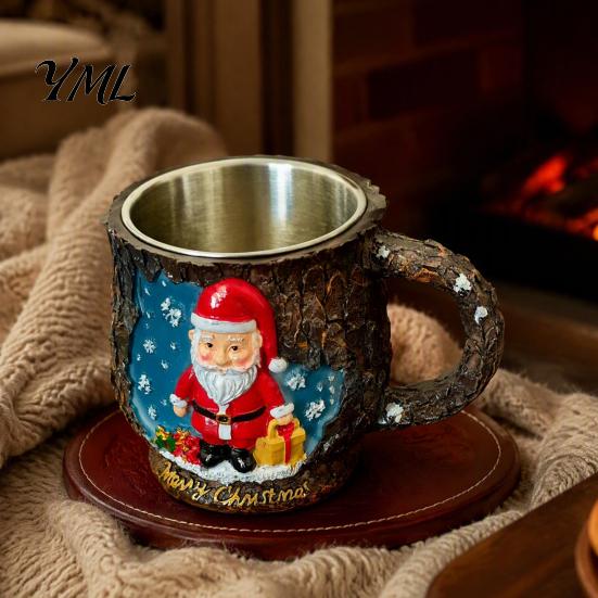 Christmas Mug Decorations Theme with Stainless Steel Liner, 3D Relief Hand Seasonal Housewarming Gifts Painted Resin Coffee Cup, Decorative Drinkware