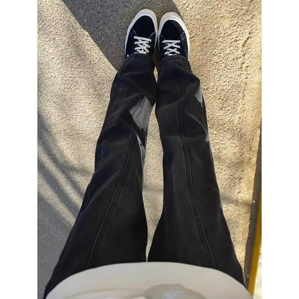 American trend black autumn jeans men's splicing high street straight trousers loose and handsome casual trousers
