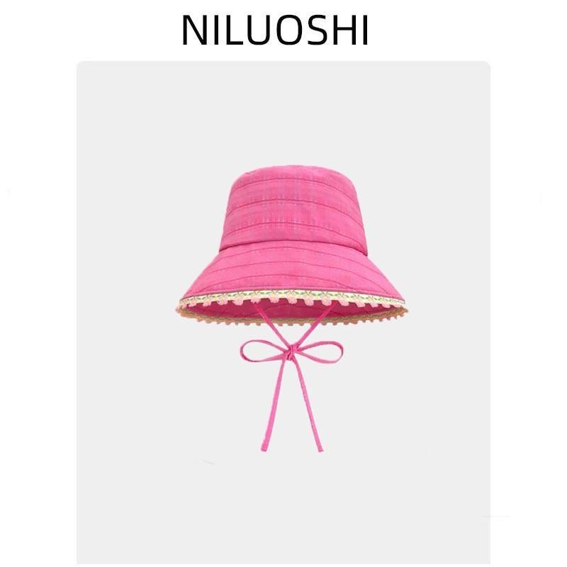Sweet and cute lace blue bucket hat women's spring summer sunshade sunscreen basin hat outdoor big brim climbing hat tide