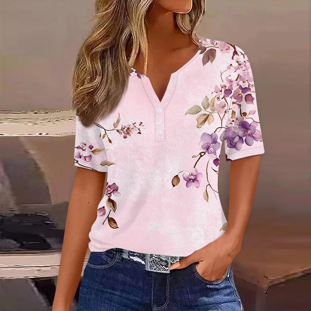 Damska koszulka z nadrukiem, guzikami, krótkim rękawem, codzienna, weekendowa, modna, podstawowa, dekolt w serek, regularna góra