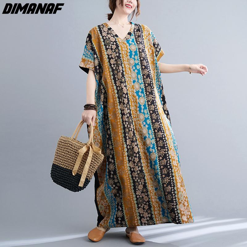 

DIMANAF Женское платье Летний пляж Сарафан V-образный вырез Богемный принт Полосатые цветы Свободные повседневные длинные платья оверсайз One Size коричневый