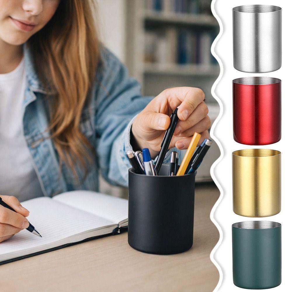 1pcs Thickened Pen Container Stainless Steel Stationery Storage Bucket Simple Pen Holder  Students