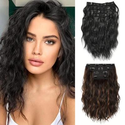 4 stk Syntetiske Bølgete Clip-in Tykke Puff Hårforlengelser Usynlige Blonder Hårstykker for Kvinner Daglig Bruk