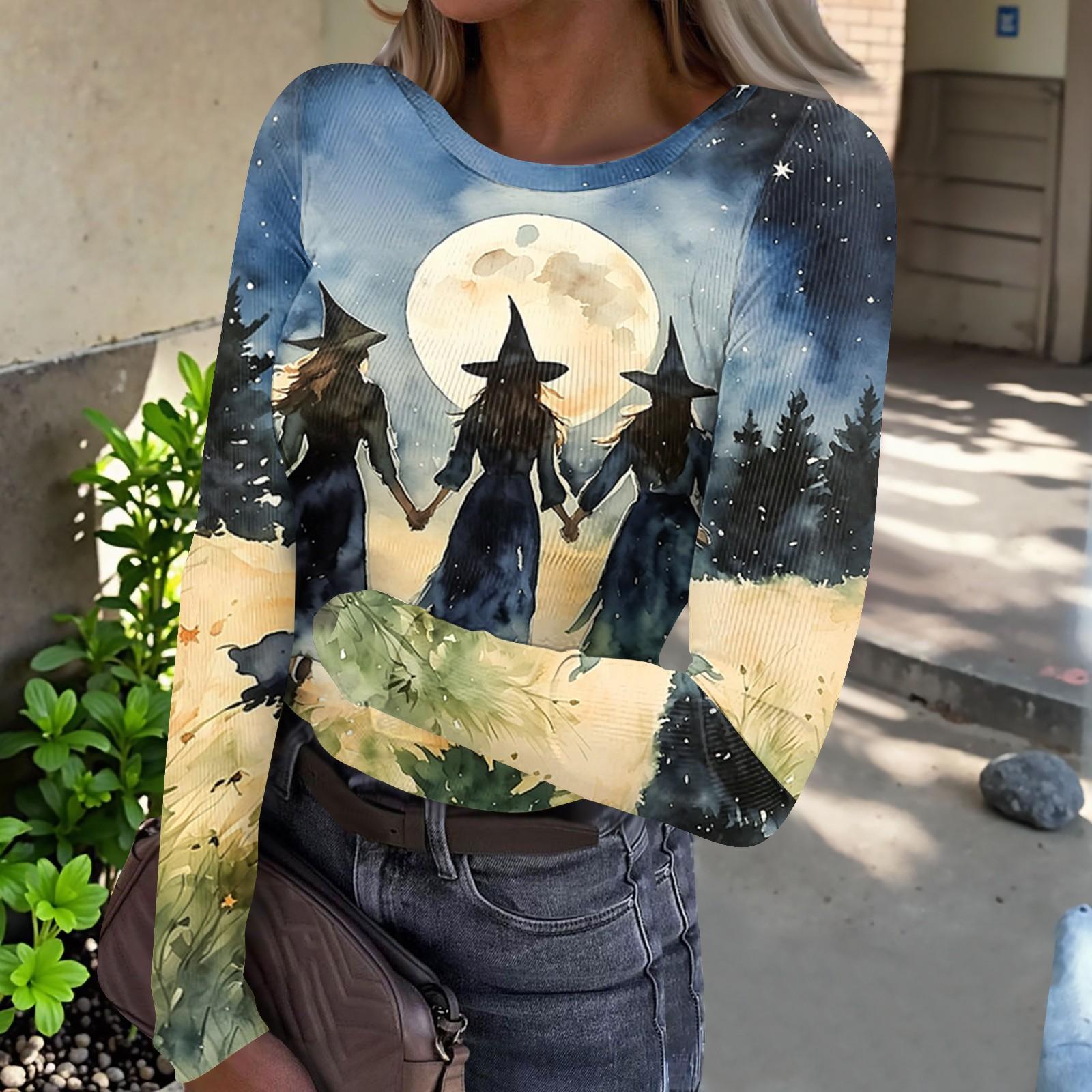 Women s Halloween Printed Round Neck Slim Fit Long Sleeve -Shirt L