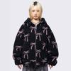 Womens Oversized Hooded Zip-Up Sweatshirt With All-Over Bow Print Faux Sherpa Lining Streetwear Casual Top