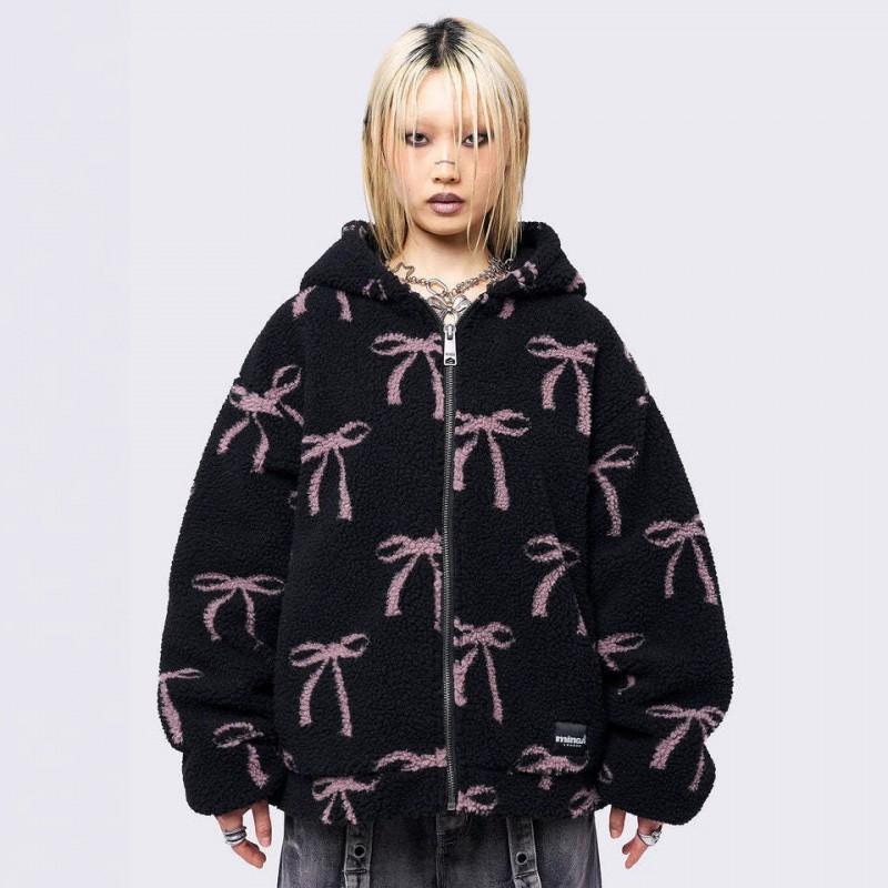 Womens Oversized Hooded Zip-Up Sweatshirt With All-Over Bow Print Faux Sherpa Lining Streetwear Casual Top