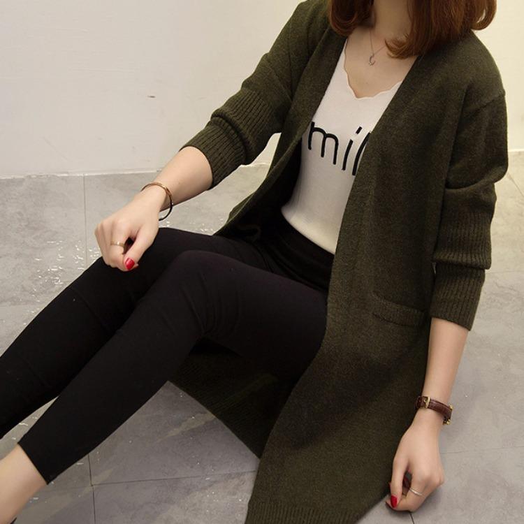 Cardigan Tricotat Lungime Medie Femei Pulover Coreean Larg Stil Lazy Culoare Solidă Jachetă Pulover cu Mâneci Lungi pentru Toamnă și Iarnă