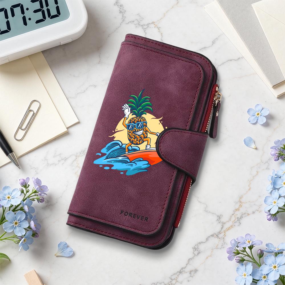Cute Pineapple Surfing Printed Wallet Casual Card Holder Durable Portable Multipurpose Fashion Trendy Daily Use Purse
