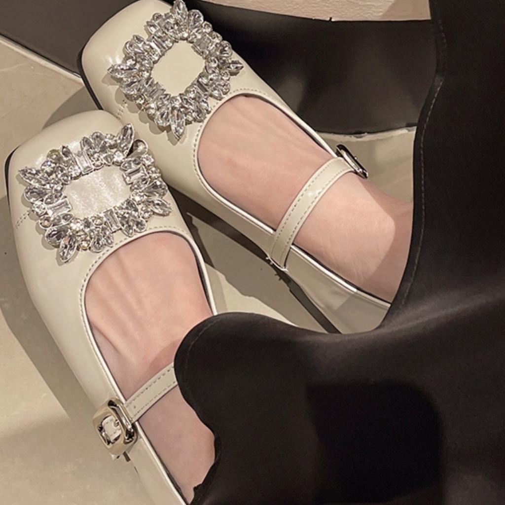 Flat-bottomed French versatile shallow-mouth single shoes women's spring and summer 2025 new one-word with rhinestone square head Mary Jane shoes