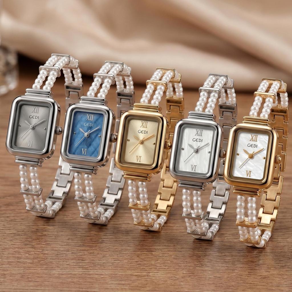 Gedi Women's Pearl Bracelet Quartz Watch - Roman Numerals, Mother-of-Pearl Dial, Double Strand Pearls, Light Luxury Style