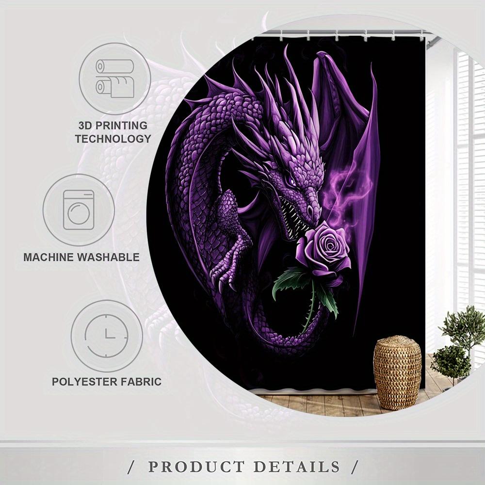 Mystical Purple Dragon With Rose Shower Curtain - Waterproof, Mildew-Resistant With Gothic Fantasy Design For Unique Decor