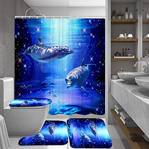 Fashion Sea World Dolphin Shower Curtain Set Bathroom Shower Curtain Set Non-Slip Bath Mat Toilet Lid Cover Polyester Waterproof