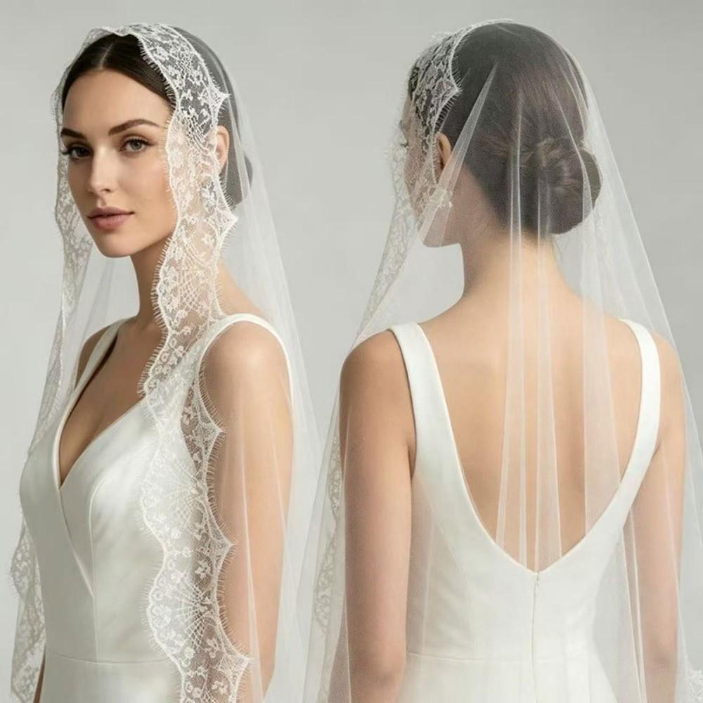 2M Long Bridal Headscarf Lace Edge Muslin Head Covering Elegant Wedding Veil Cathedral Wedding