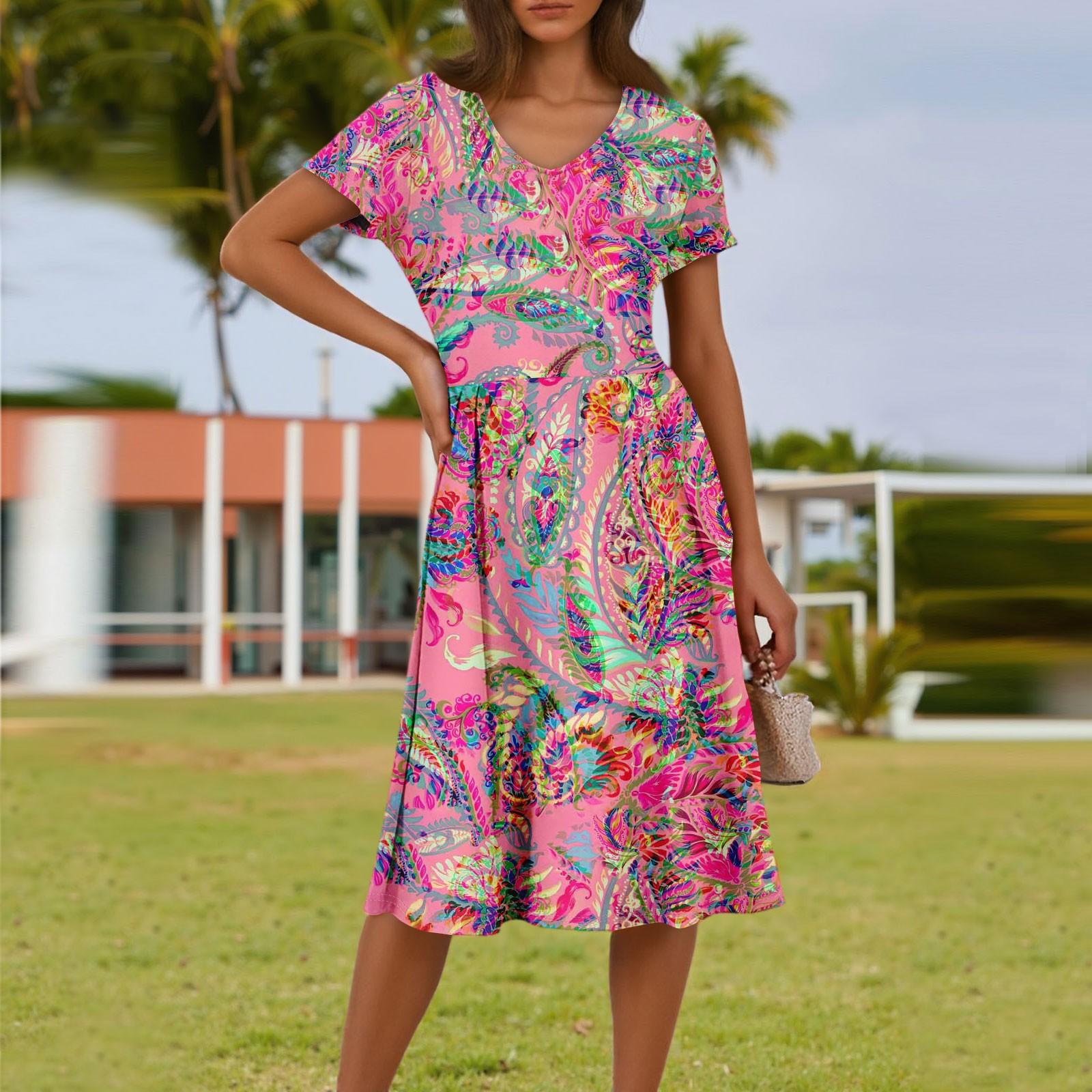 

Женское летнее модное повседневное платье с цветочным принтом, V-образным вырезом, короткими рукавами и карманом XXL розовый