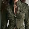 Vintage Washed Cargo Jacket Womens Retro Casual Long Sleeve Stand Collar Everyday Outerwear
