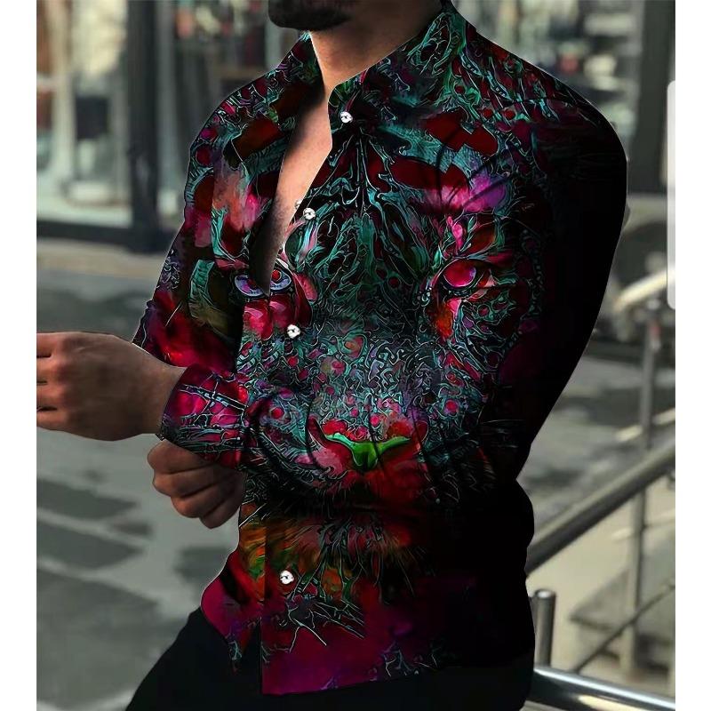 Men Plus Size Floral Print Long Sleeve Turn Down Collar Casual Shirt