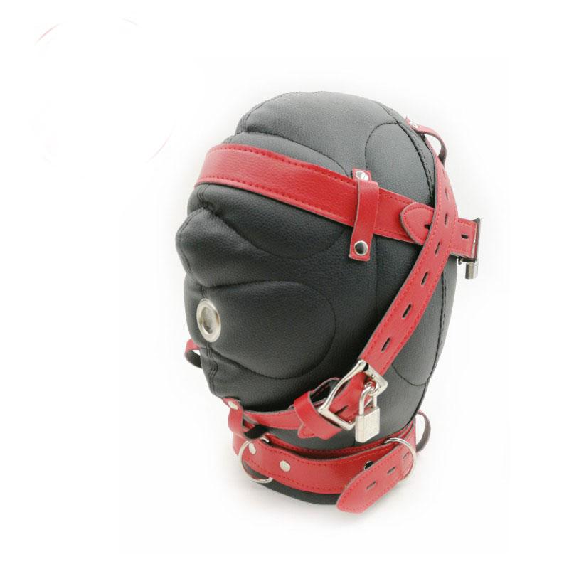 PU Leather Total Sensory Deprivation Full Head Bondage Hood Headgear Mouth Open Lockable Gimp Bondage  Sex Toy for Couple