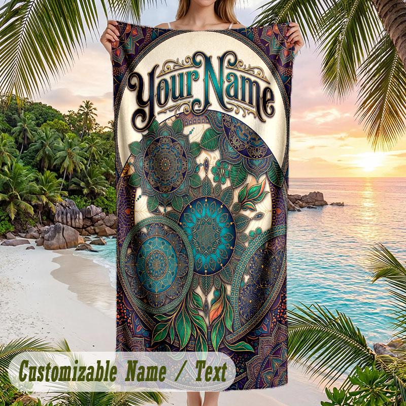 Bohemian Mandala Artwork Theme Quick Dry Beach Towel Custom Name Text Print Large Sand Resistant Towel Beach Vacation