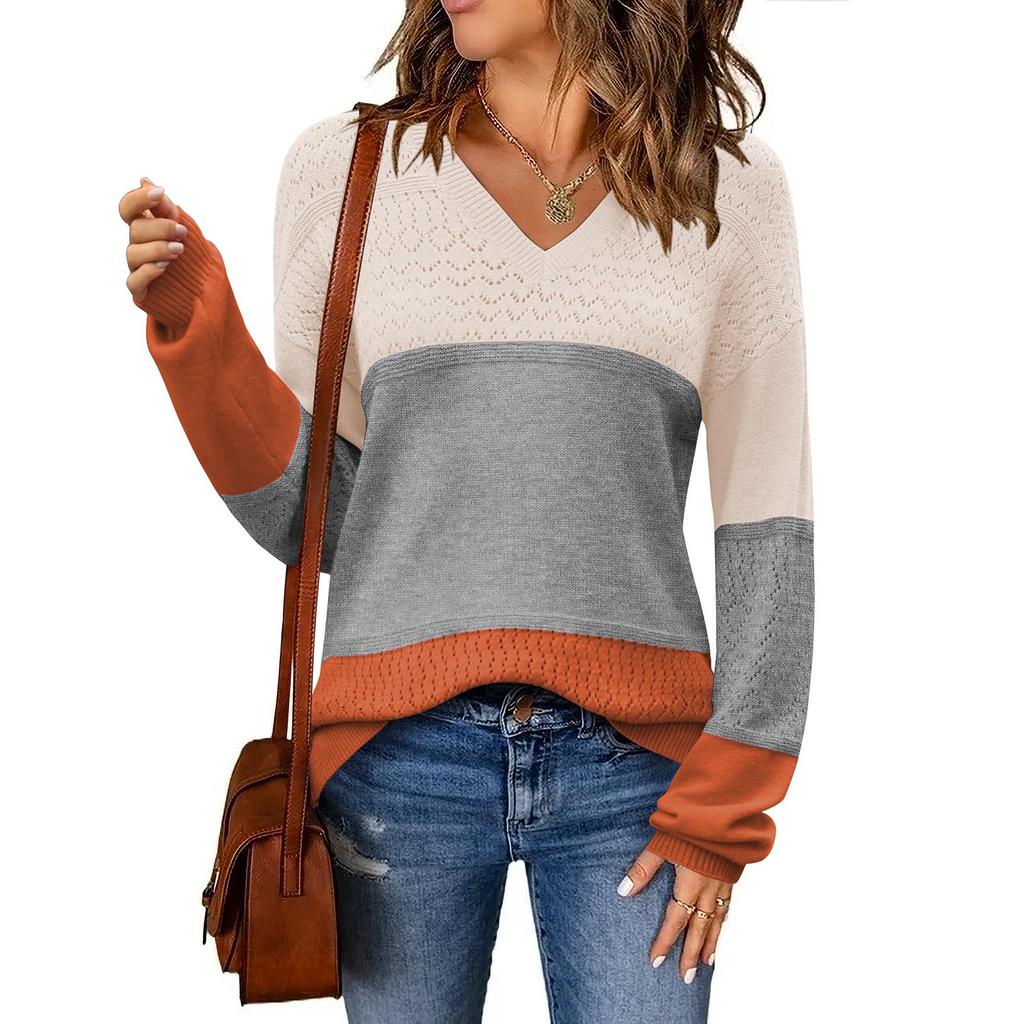 Women's Loose Knitted Sweater With V-Neck Hollowed Out Pullover Long Sleeved Color Blocked Top