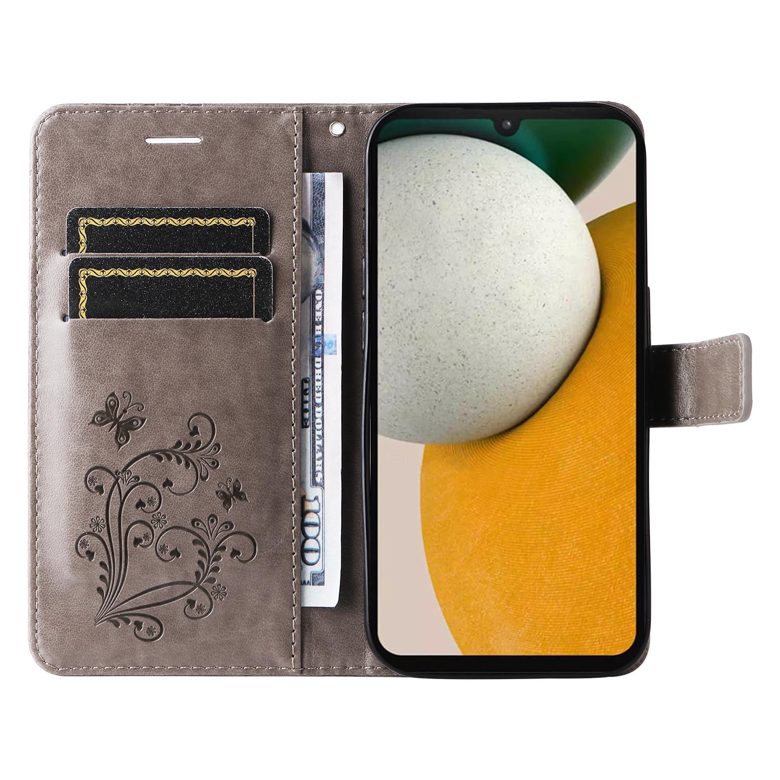 

For Samsung Galaxy A15 5G Wallet Case Floral Butterfly Imprinted Leather Phone Cover Stand Grey
