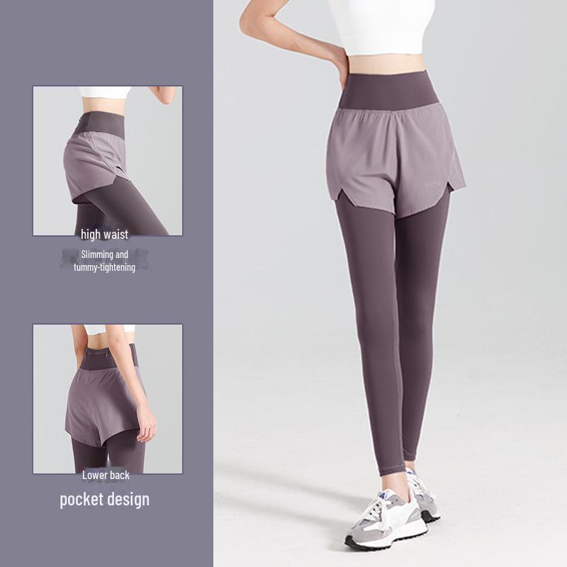 Juyitang High-Waist Two-in-One Yoga Pants with Pockets for Slimming & Hip-Lifting