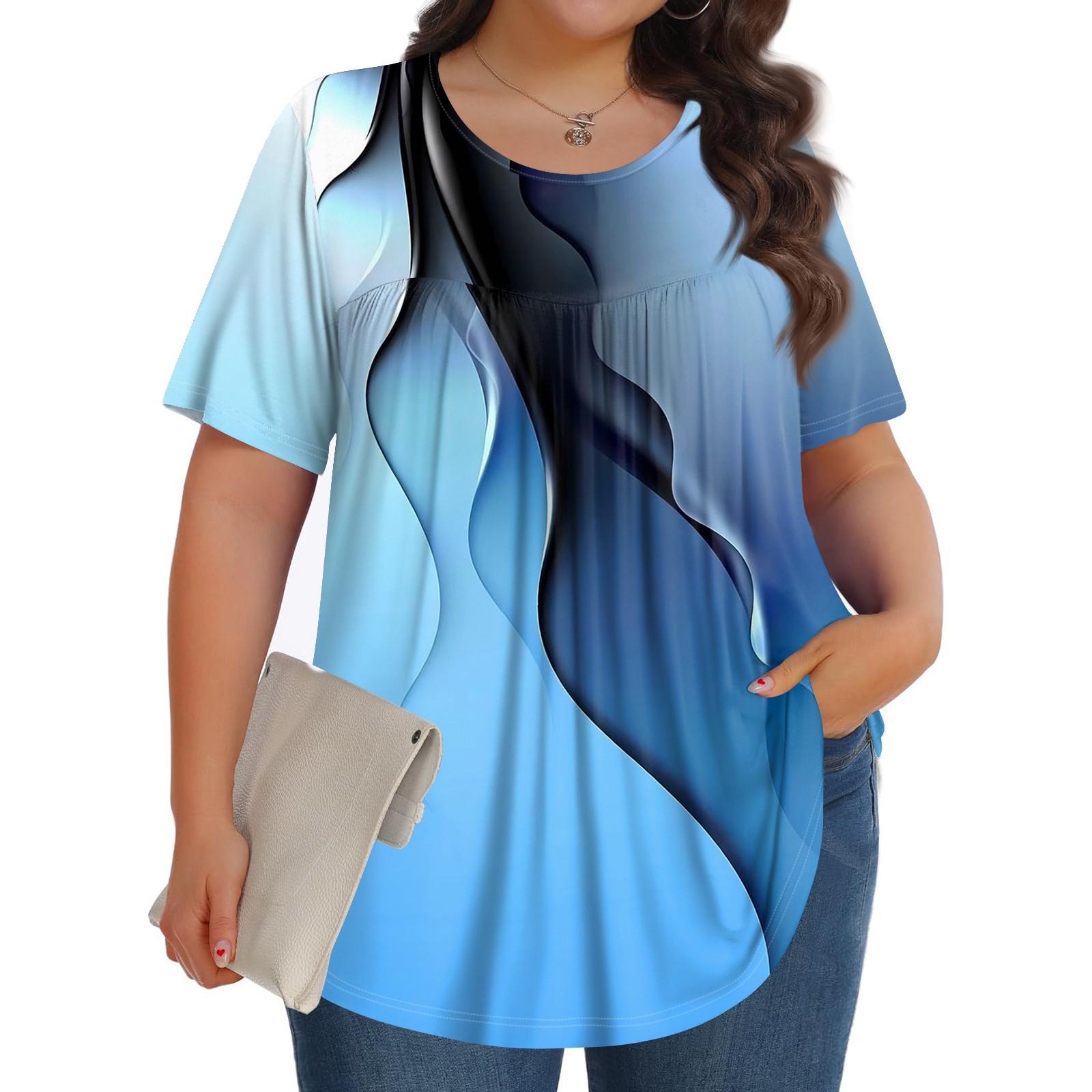 

Женский модный повседневный топ с круглым вырезом и короткими рукавами с принтом, женские топы больших размеров XXXL синий