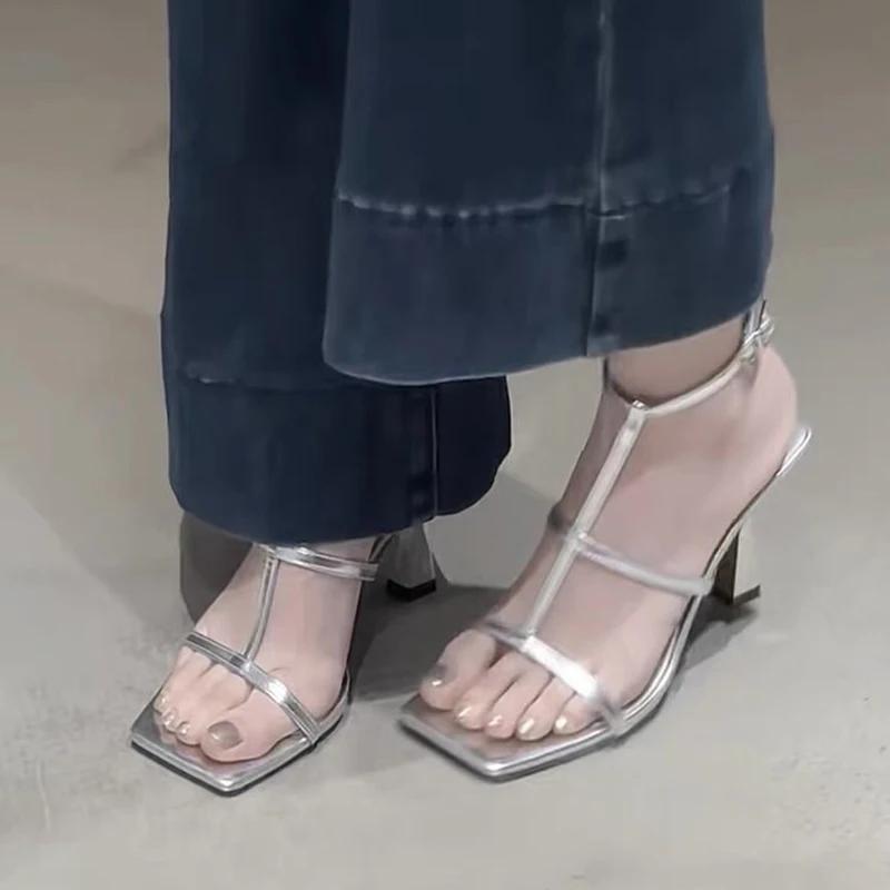 Fashion Women's Thin Strap Anckle Buckle Sandals Luxury Square Toe Thin Heel Sandalias Female High Quality Party Platform Sandals Mujer