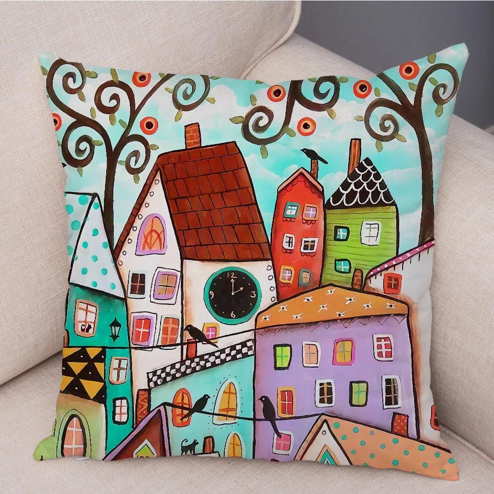 Retro Rural Color Cities Cushion Cover For Sofa Home Car Decor Colorful Cartoon House Pillow Case Tree Short Plush Pillowcase
