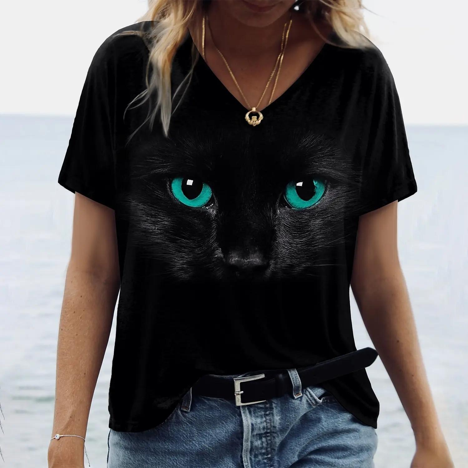 

Женская футболка Kawaii Cat Print 3d футболка Топ Модные футболки с короткими рукавами Y2k с v-образным вырезом Женская одежда Летние футболки больших размеров