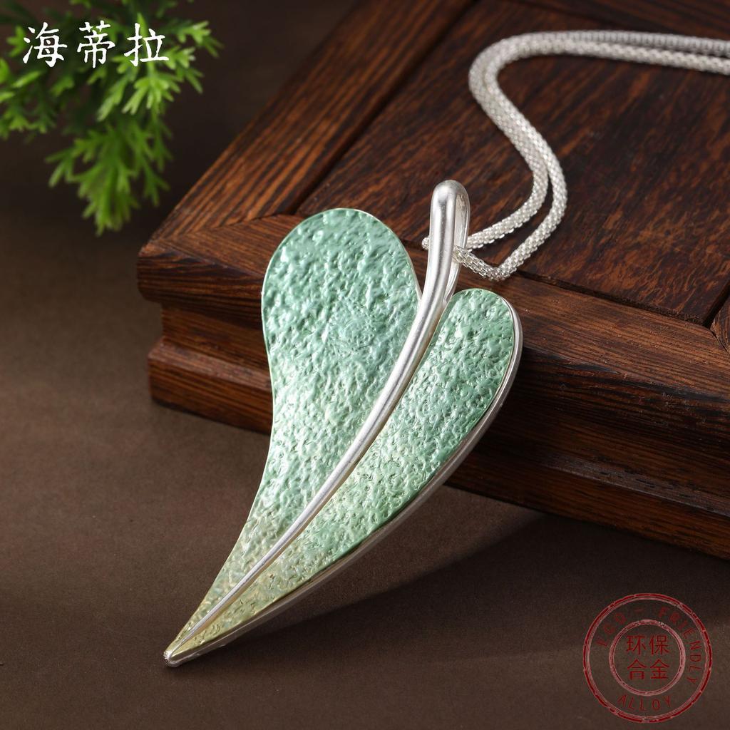 New enamel color gradual change green leaves long pendant women's simple senior He love leaf necklace