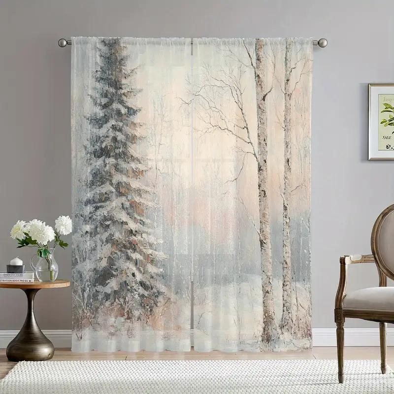 Set di 2 Tende Natalizie in Garza Sottile di Betulla Design con Passanti per Asta Protezione della Privacy Decorazione Adatta Varie Scene Tenda Realizzata in Poliestere