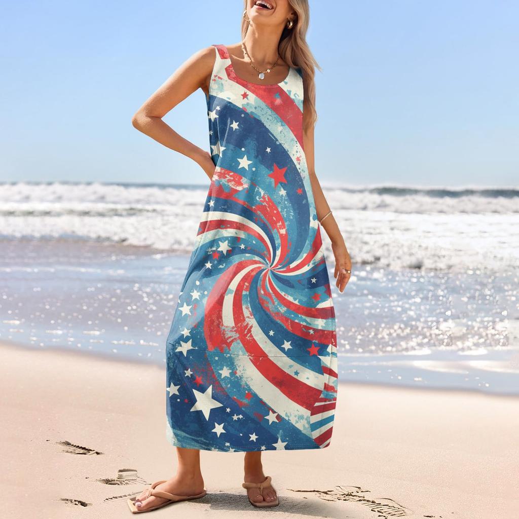 Women's Casual Long-length Sundress Summer Beach Dress Round Neck Sleeveless Loose Sundress