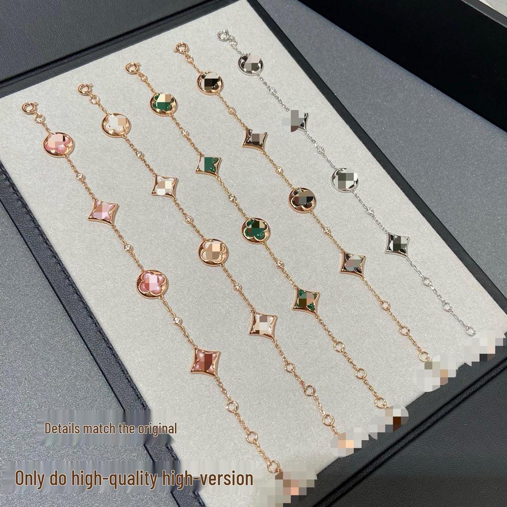 18K Rose Gold Plated Sterling Silver Bracelet with Four-Leaf Clover and Natural Mother-of-Pearl Elements, Non-Fading.