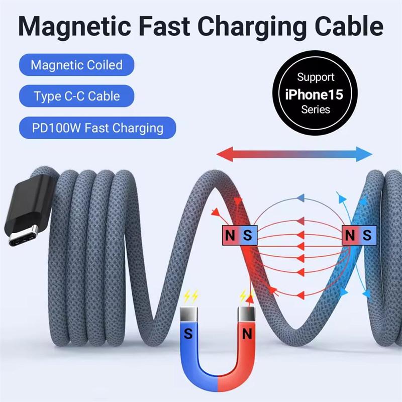 PD 100W Magnetic Suction USB C To USB C Cable 100W PD 3.1 Fast Charging Charger Nylon Braided Wire for iPhone17/16/15 Ipad Xiaomi