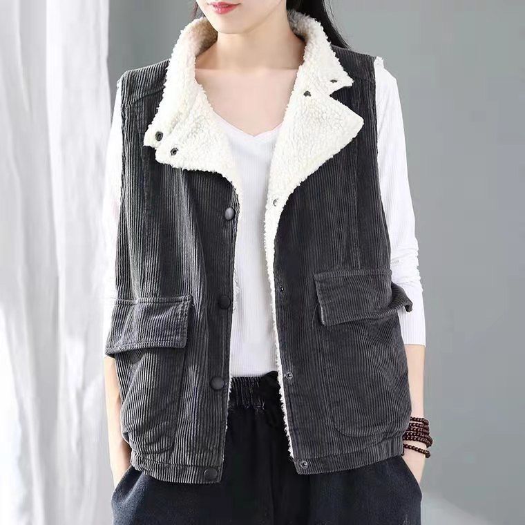 Vintage Corduroy Vest Women's Flocked Lapel Vest Plush Thick Vest Sleeveless Jacket Women's Fleece Vest