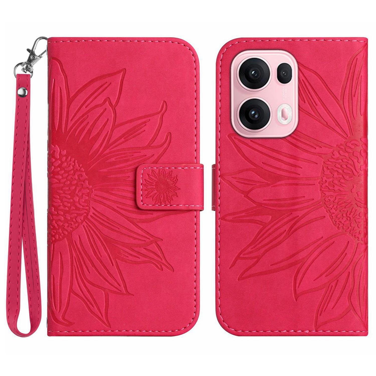 

For Oppo Reno13 Pro 5G Case Sunflower Imprint Leather Wallet Phone Cover with Wrist Strap Rose