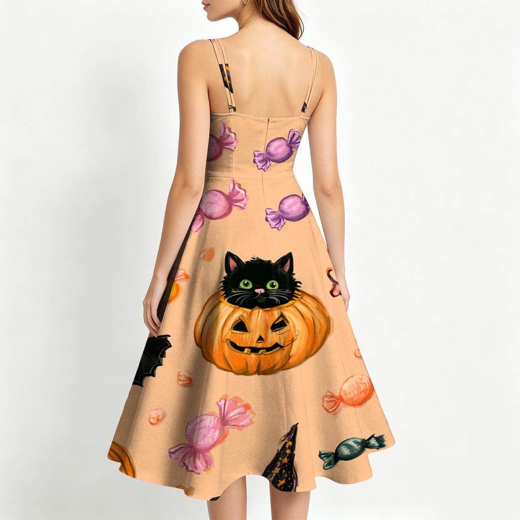 Women's Casual Sleeveless Halloween Print Dress for Holiday Parties and Everyday Wear